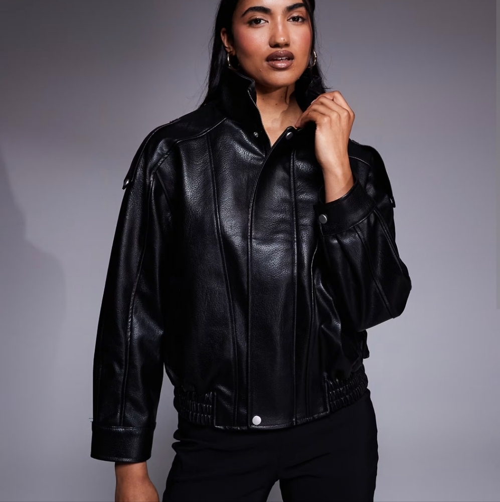 River Island Funnel Neck Vegan Leather Jacket in Black